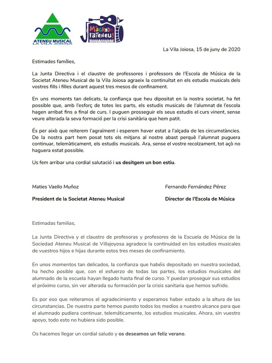 Acabat el curs i ja pensant en el proper, la Junta Directiva i el claustre de professors de l'Escola volem agraïr als nostres alumnes i les seues famílies el gran esforç i l'adaptació a la nova docència online, així com la confiança que han dipositat en nosaltres ¡Bon estiu!