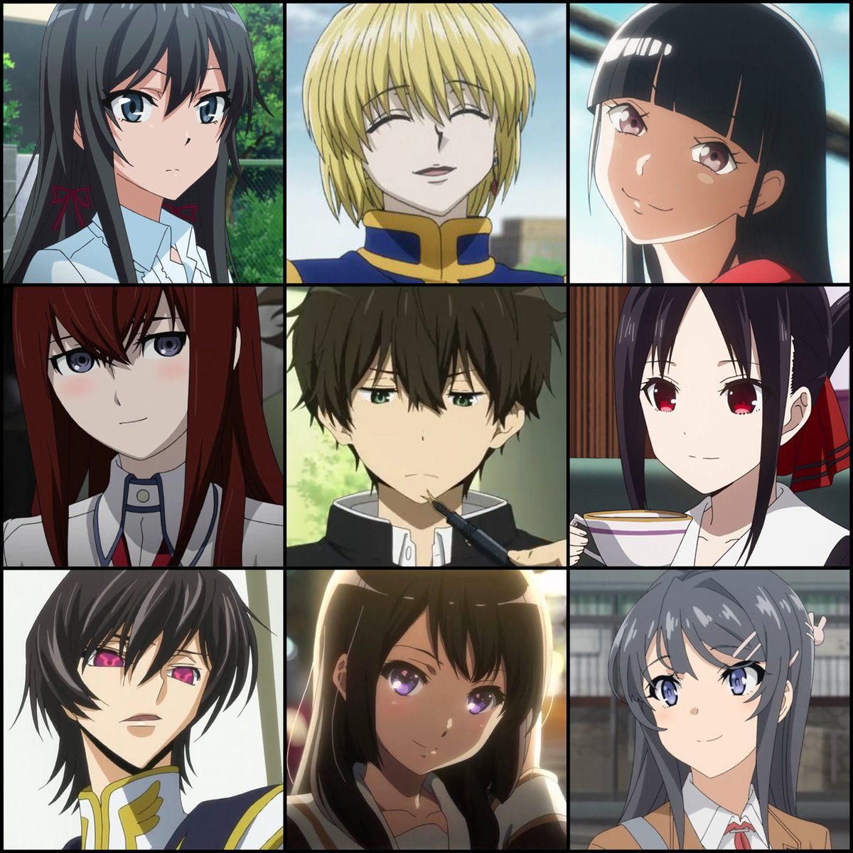 Kevin On Twitter Here S A 3x3 Of My Favourite Anime Characters That Share The Same Personality Type As Me Intj Middle Row Is On Point Https T Co Ybywe1rkhz Code light yagami's the poster boy of intj anime characters. 3x3 of my favourite anime characters