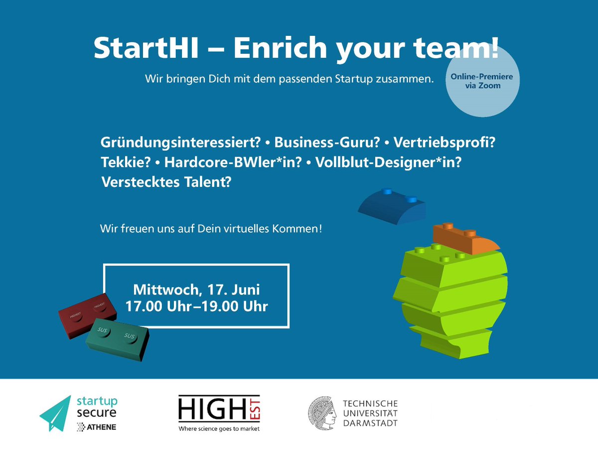 Nicht verpassen! 💡 Morgen findet unsere erste Online Matching-Veranstaltung gemeinsam mit @startupsec_da  statt! Noch schnell anmelden und morgen dabei sein 👉 eventbrite.de/e/starthi-enri…