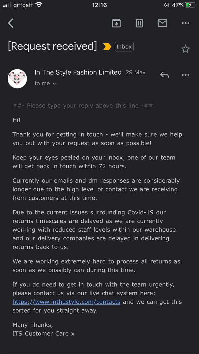 ClaireSpring4's tweet photo. @inthestyleUK I have contacted support twice since I ordered clothes asking how to return items as I had no returns label when I received it. No one has got back to me and I need to return the item and get a refund. Please help? There is no link for a ‘Returns Portal’ on your app https://t.co/3QtK1j677m