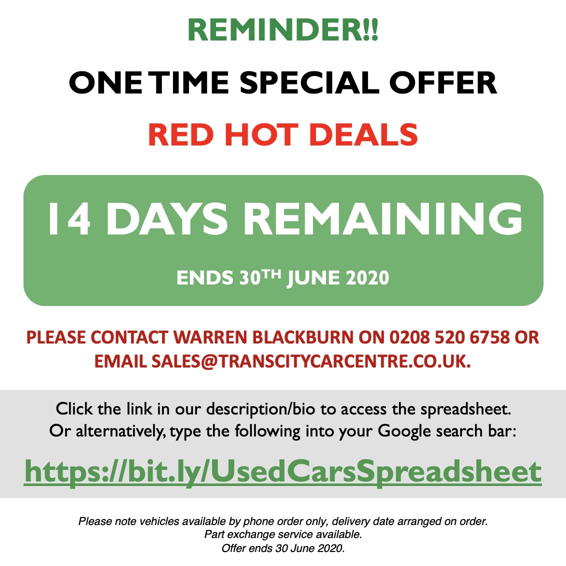 ❗️14 DAYS LEFT ON OUR ONE TIME SPECIAL OFFER❗

Click the link below to access the spreadsheet. Whilst stocks last. Don't miss out!!
bit.ly/UsedCarsSpread…

#special #offer #skoda #walthamstow  #used #cars