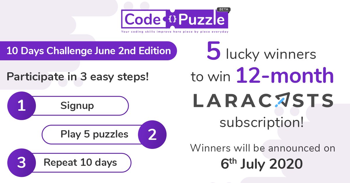 codepuzzle_app's tweet photo. After great response from the users, we decided to start our second campaign at Code Puzzle
π£ Announcing 10 Days Challenge 2nd Edition
Starting on 20th June (4 days to go)
https://t.co/PurPlQfKW3
#10DaysOfReadingCode #100DaysOfCode #10daychallenge https://t.co/eSW0JoQISm