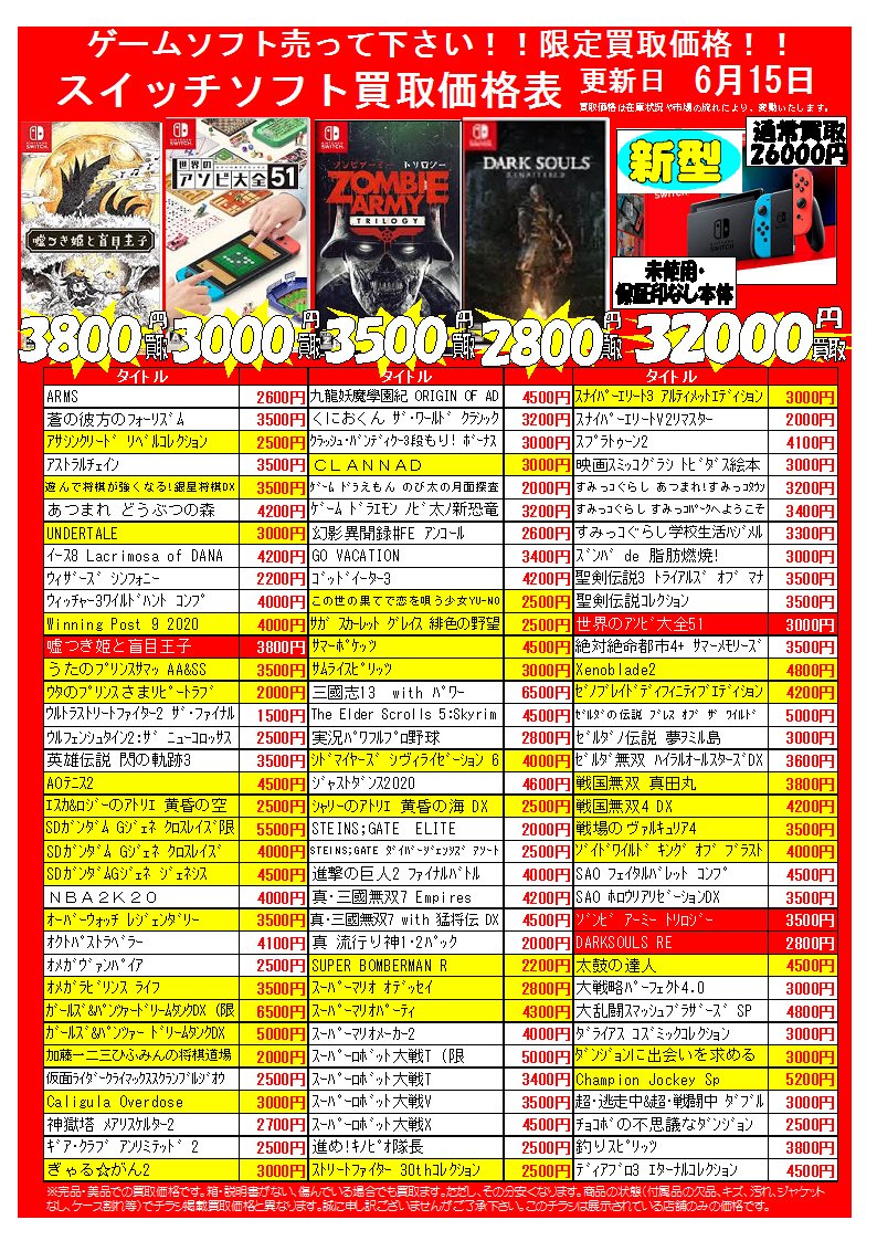 シーガル長町店1f Auf Twitter 長町店のtvゲームソフト買取情報です スイッチソフトの買取価格表の更新を行いました 1本からでも是非お持ちください シーガル シーガル長町店 Switch シーガル長町店1f Auf Twitter 長町店のtvゲームソフト買取情報です スイッチソフトの買取価格表の更新を行いました 1本からでも是非お持ちください シーガル シーガル長町店 Switch