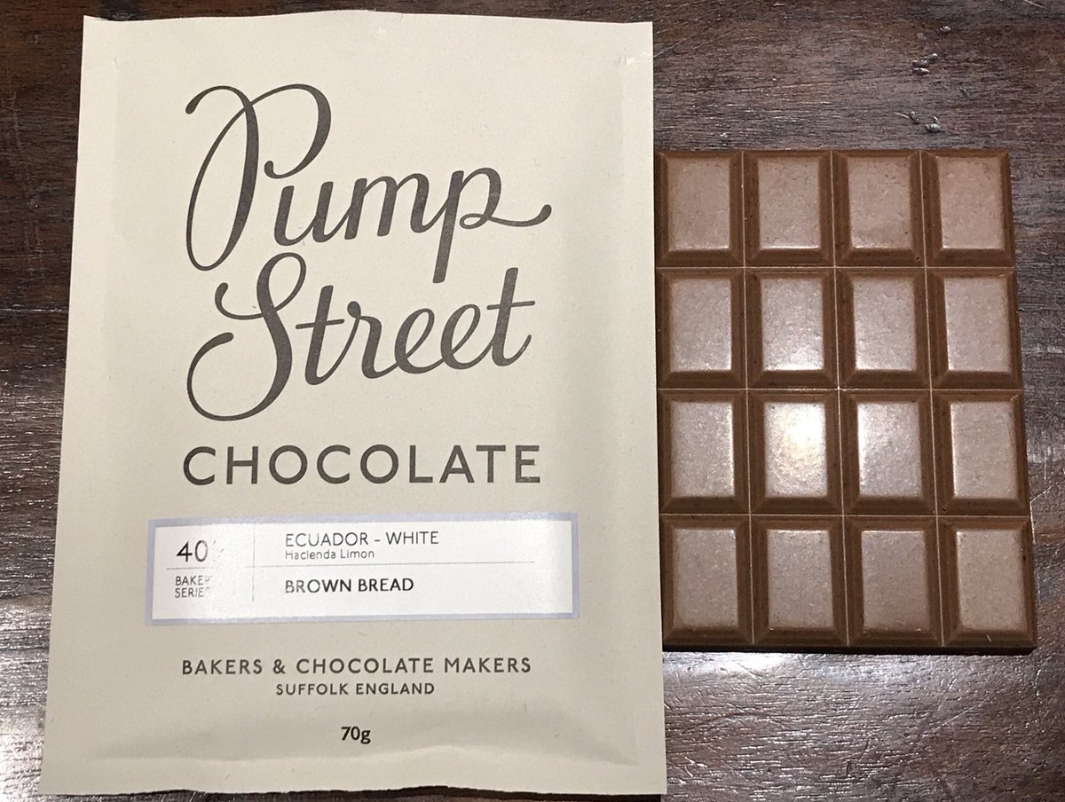 ccAndrewBaker's tweet photo. Here’s a thing: white chocolate with brown bread. The effect is crunchy, malty and slightly toffeeish and roughly as addictive as crack. It is made with cocoa butter from Hacienda Limon in Ecuador and with their own bakery’s crumb by the wizards at ⁦@pumpstchocolate⁩ wow https://t.co/3IAa9ISfEB