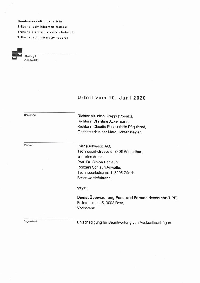 init7's tweet image. Weiterer netzpolitischer Erfolg:

#BVGER Bundesverwaltungsgericht entscheidet zu unseren Gunsten gegen Dienst Überwachung Post- und Fermeldeverkehr (ÜPF) des @EJPD_DFJP_DFGP.

Provider-Entschädigung: Keine Tarifsenkung von 250 auf 3 (in Worten: drei!) Franken 😇😎 #BÜPF #StopBÜPF