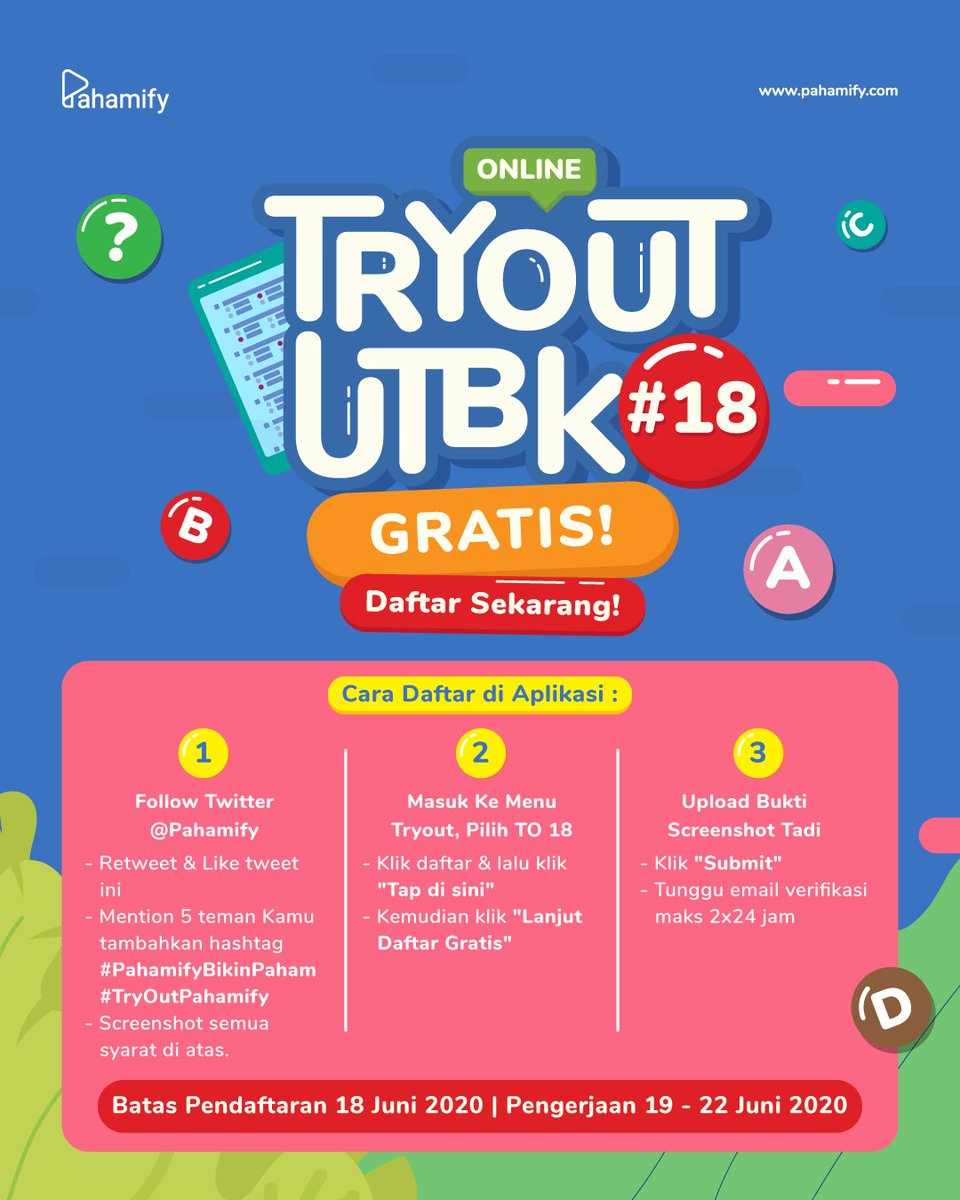 pahamify's tweet photo. TryOut UTBK 18 GRATIS Sudah Dibuka! 🔥🔥⁣⁣⁣⁣
⁣
Batas Pendaftaran 18 Juni 2020⁣
Pengerjaan 19 - 22 Juni 2020⁣
Batas Pengerjaan 22 Juni 2020 Pukul 13.00 WIB
⁣
Ikuti cara daftar gratisnya di gambar ini, semangat 🔥 UTBK sudah semakin dekat!

#tryoutpahamify https://t.co/X2TtcT7YZJ