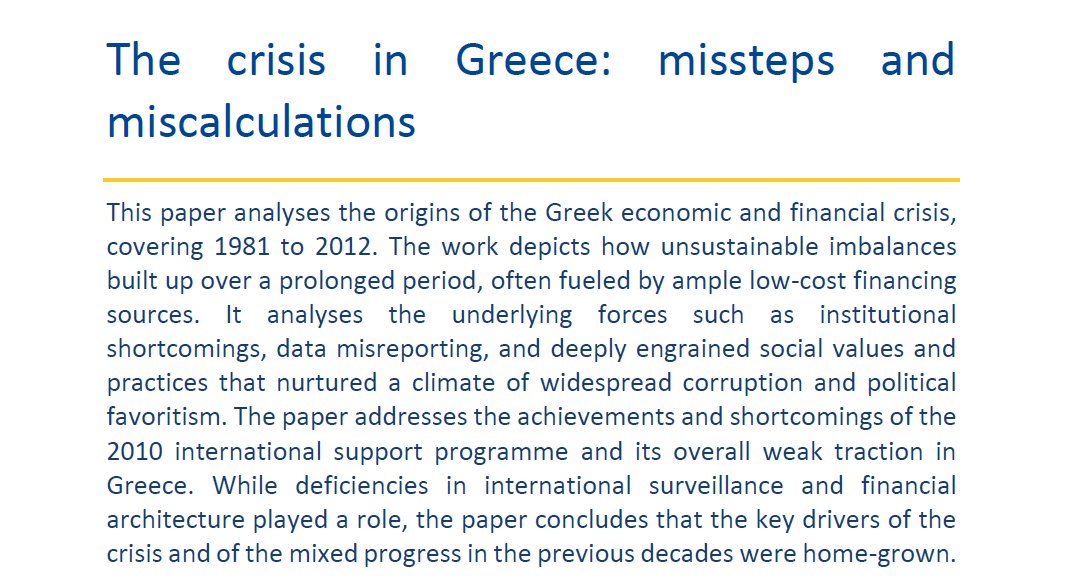 ESM_Press's tweet photo. #ESM Discussion Paper 9 analyses the origins of the Greek economic and financial crisis, covering 1981 to 2012. It also addresses the achievements and shortcomings of the first support programme (2010-12) https://t.co/WyzpYJE99Z #ESMDP #ESMEvaluation https://t.co/LJexZsRRRo