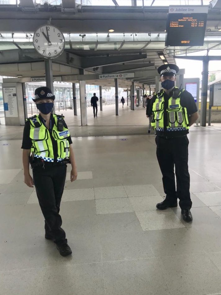 BTPFry's tweet photo. We appreciate facial coverings take some getting used to, but it’s compulsory when travelling on public transport. 
@BTP are out across the network today encouraging compliance with the new government regulations. https://t.co/5xTrXyJdTQ