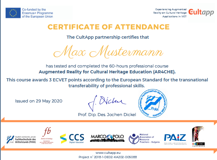 app_cult's tweet photo. This is how AR4CHE certificate look like! Interested in getting one? Then follow the AR4CHE course under https://t.co/OsFLPZZXzd! #CultApp #ErasmusPlus https://t.co/TwcgnvyUnO