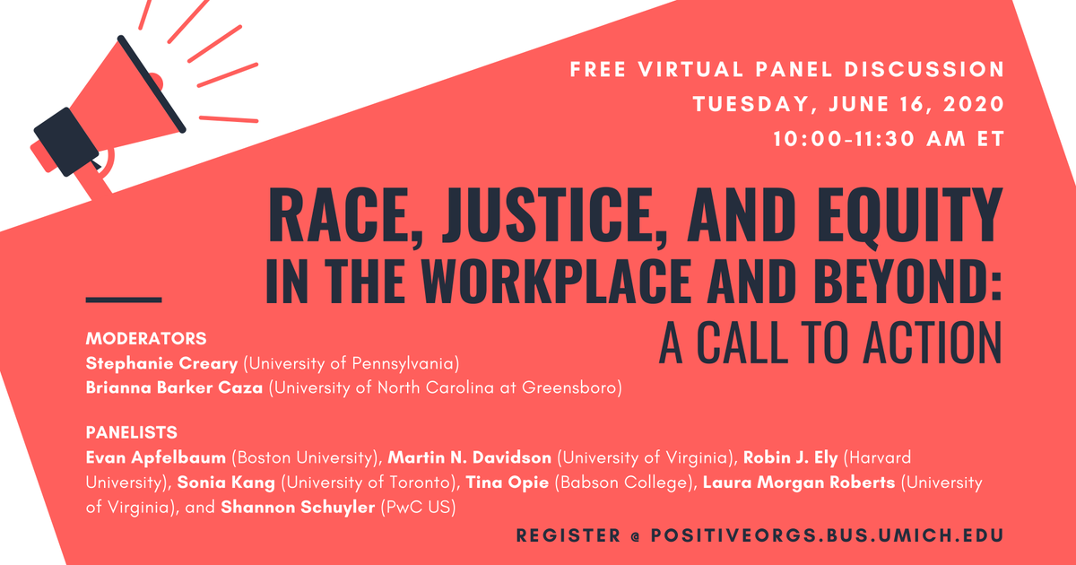 There is still time to join the 'Race, Justice, and Equity in the Workplace and Beyond' panel this morning at 10:00a ET: ow.ly/slaX50A91cX @levdifference @Sonia_Kang @hbsgender @DrTinaOpie @alignmentquest @ShannonSchuyler @BriannaCaza @StephanieCreary @MOC_AOM