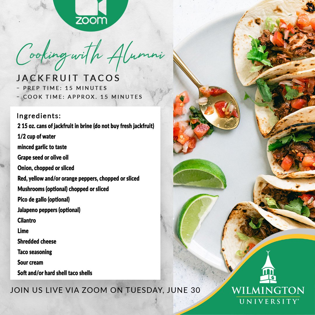Gather your #ingredients, mark your calendars for June 30th #TacoTuesday and join <a href="/Kamela/">Kamela</a> Smith's (‘03, M.Ed. in Education) #Cooking demonstration on making #Jackfruit #Tacos. RSVP Here bit.ly/2BISGoW