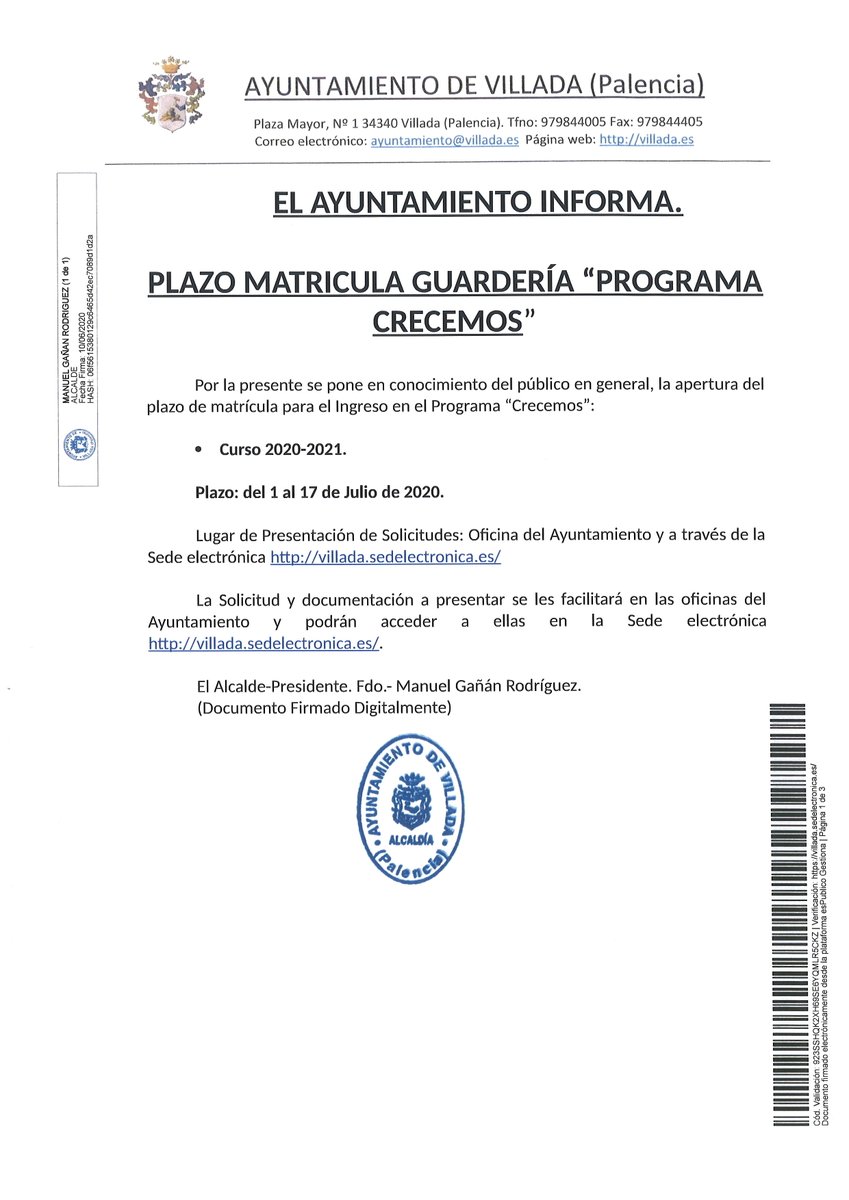 Poco a poco, vamos volviendo a la "nueva normalidad". El programa "Crecemos" ha vuelto a abrir sus puertas y se establece el Plazo de Matricula para el curso 2020/2021. Del 1 al 17 de Julio de 2020.
villada.sedelectronica.es/info.0
