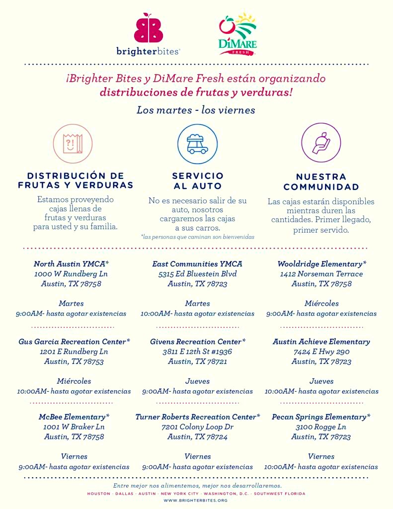 aisdparents's tweet photo. Announcement:  
Our community partner @BrighterBites is giving away boxes of fresh fruits and vegetables to @AustinISD families and neighbors.  See flyer for details. https://t.co/7yeCwoddsl
