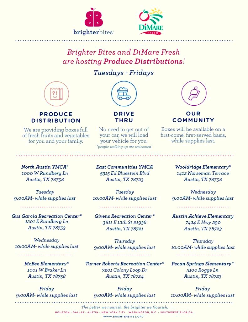 aisdparents's tweet photo. Announcement:  
Our community partner @BrighterBites is giving away boxes of fresh fruits and vegetables to @AustinISD families and neighbors.  See flyer for details. https://t.co/7yeCwoddsl