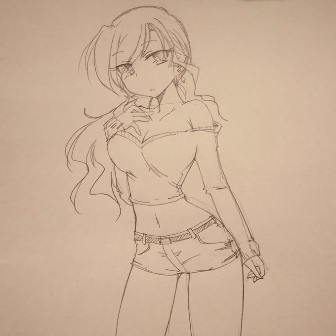 オフショル+ショーパン私服描くの好きなんでちょいちょい描きたい#創作#イラスト 