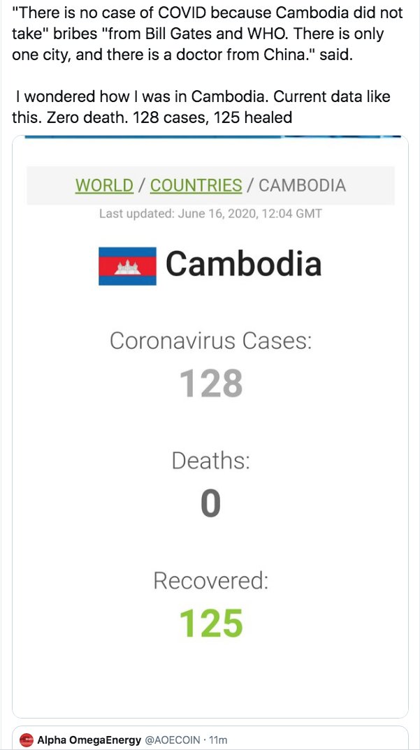 ZERO DEATHS in Cambodia because no CRIMINAL BRIBERY MONEY from  #BillGates because they want FREE  #Vaccine & refuse to pay for it. No Hospitals BRIBED by their CRIMINAL FRAUD.  #ArrestBillGates. This despite MILLIONS Chinese traveling through &  #Wuhan & others didn't close!