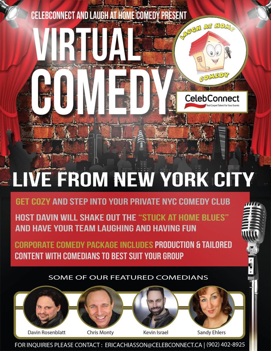 ComedyConnectCA's tweet photo. We are super excited to announce Virtual Comedy - Live From NYC. This fun and interactive experience is perfect for corporate or fundraising groups.

Contact us for more info 😍 https://t.co/ulHpIEBAoU