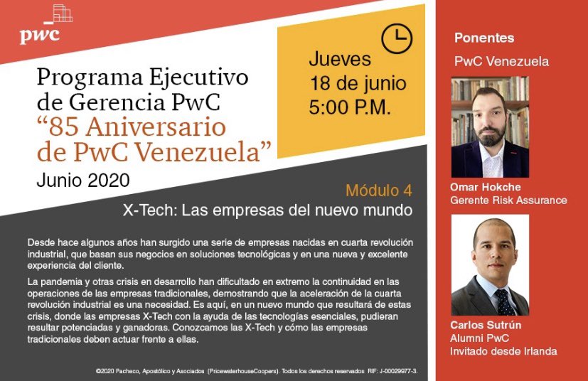 pachecorpedro's tweet photo. Invitados de Australia, UK e Irlanda compartiran sus experiencias en “Se acelera la 4ta Revolución Industrial....” y “Xtech las empresas del nuevo mundo”. Módulos 3 y 4, del Programa Ejecutivo #pwcvenezuela85años. El link para la inscripción sin costo en ⁦@PwC_Venezuela⁩ https://t.co/ET78r4xpta
