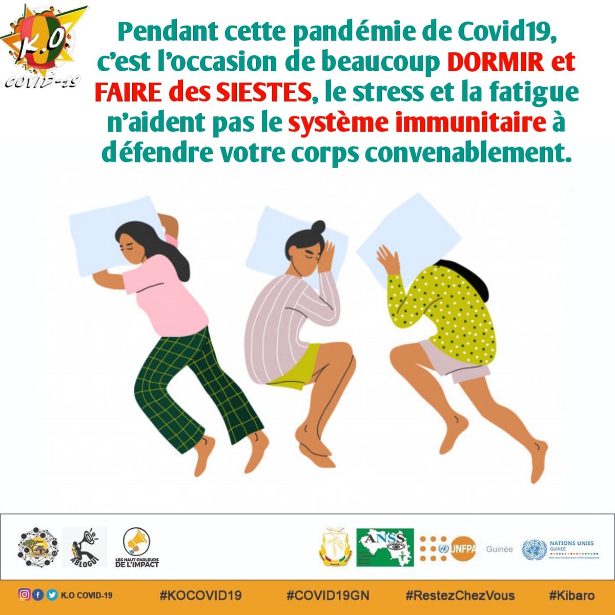 Pendant cette pandémie de Covid19, c’est l’occasion de beaucoup DORMIR et FAIRE des SIESTES, le stress et la fatigue n’aident pas le système immunitaire à défendre votre corps convenablement.
#KOCOVID19 #Kibaro #COVID19GN #RestezChezVous #GquiOse