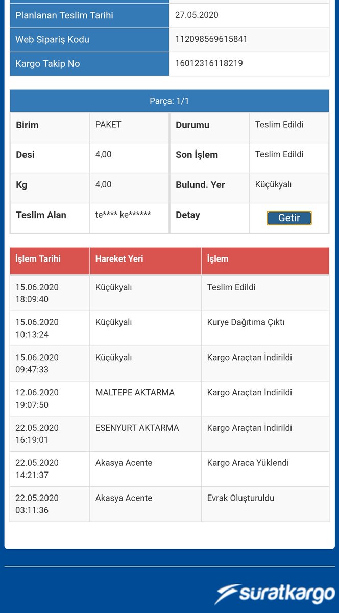 Bir başarı hikayesi:
İstanbul içi bir kargoyu tam 25 günde teslim edebilen Sürat Kargo 'ya bir alkış! <a href="/SuratKargoTR/">Sürat Kargo</a> Bir daha tövbe! <a href="/n11com/">n11com</a> bu firma ile gönderimi yapılan ürünleri artık kesinlikle tercih etmeyeceğim gibi, size de tavsiyem bu firma ile çalışmamanız yönünde olacak.