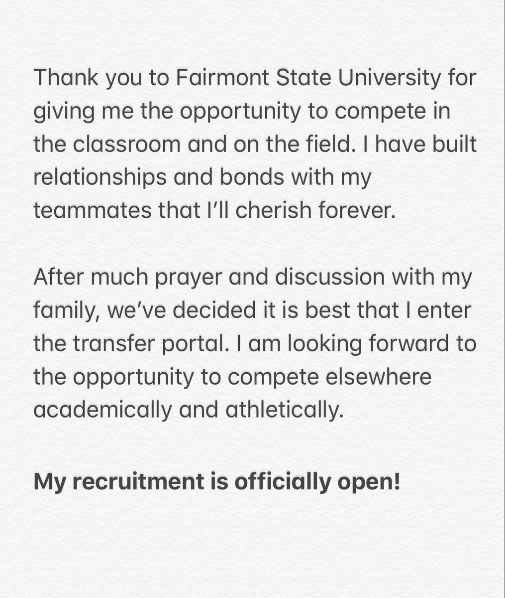 alecs313's tweet photo. ANNOUNCEMENT: I have entered my name into the transfer portal and my recruitment is open. Thank you to Fairmont State for the opportunity🙏🏼 https://t.co/T5e9yAVzmW