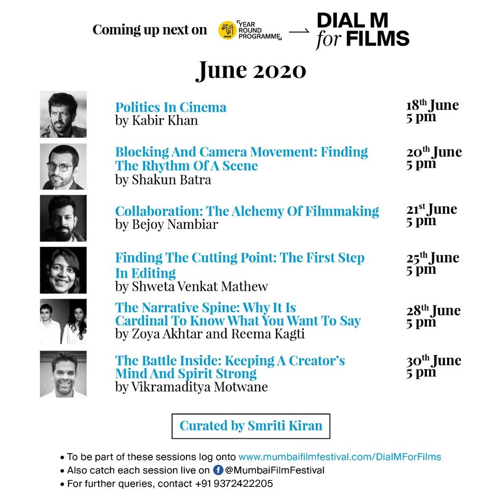 MumbaiFilmFest's tweet photo. Our new dates for #DialMForFilms.. Here is the calendar for this month. To participate in the sessions, fill the forms here: https://t.co/QWRZLJQhiE To watch LIVE: https://t.co/ab8TucNRL1 #MAMIYearRoundProgramme #KnowlegeSeries https://t.co/lnKi6YkwKl