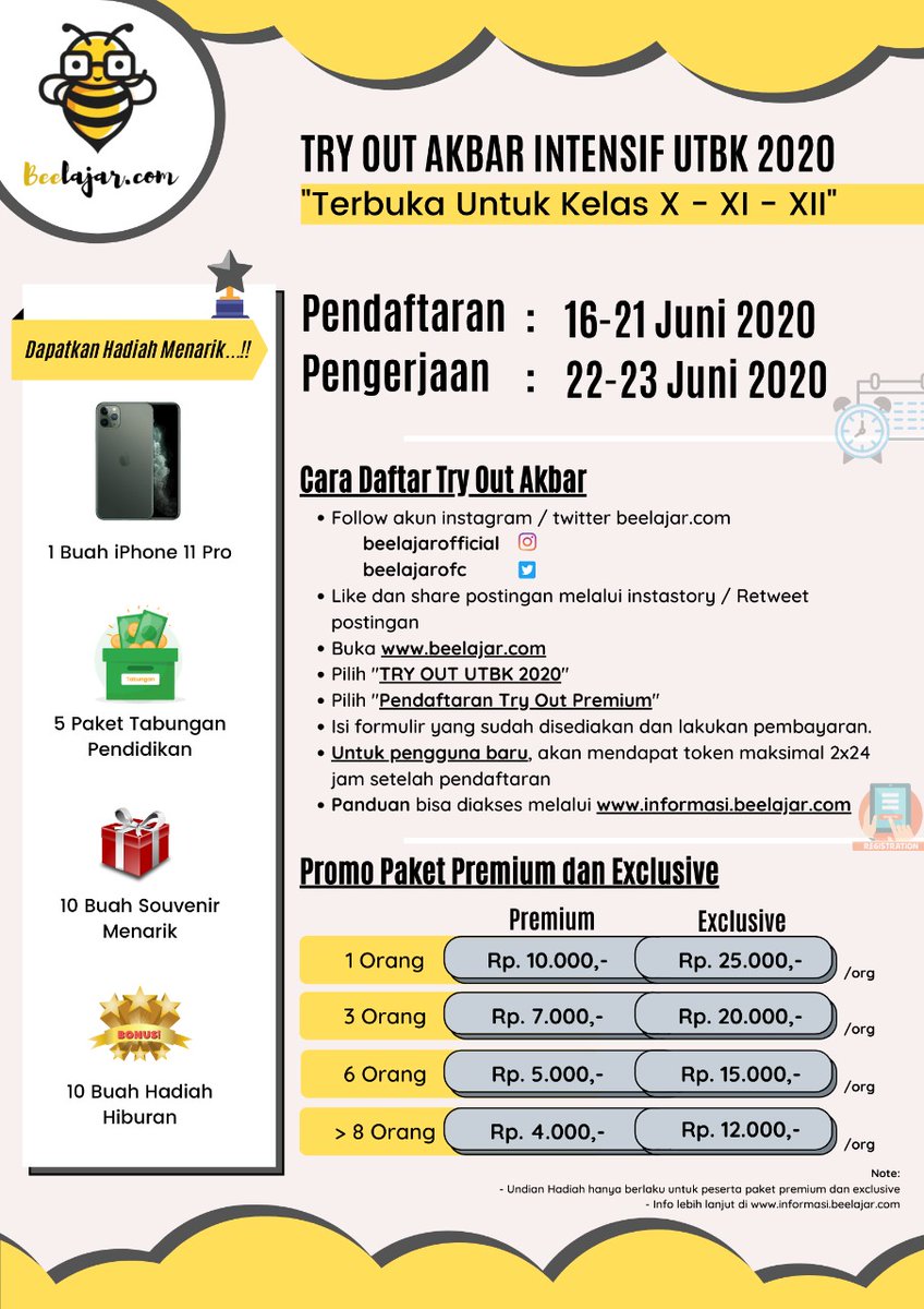 beelajarofc's tweet photo. Yuk daftar sekarang juga dan jangan sampai kelewatan. Ada hadiah nya juga loh.
Upgrade ke premium dan dapatkan hadiahnya. iPhone 11 Pro menunggu kalian sobat.
Info lengkap ada di https://t.co/c4QzN2r5Ys ya sobat
#toutbk #toutbkgratis #toutbkonline #utbk2020 #beelajarofficial https://t.co/zwhnN9WbFJ