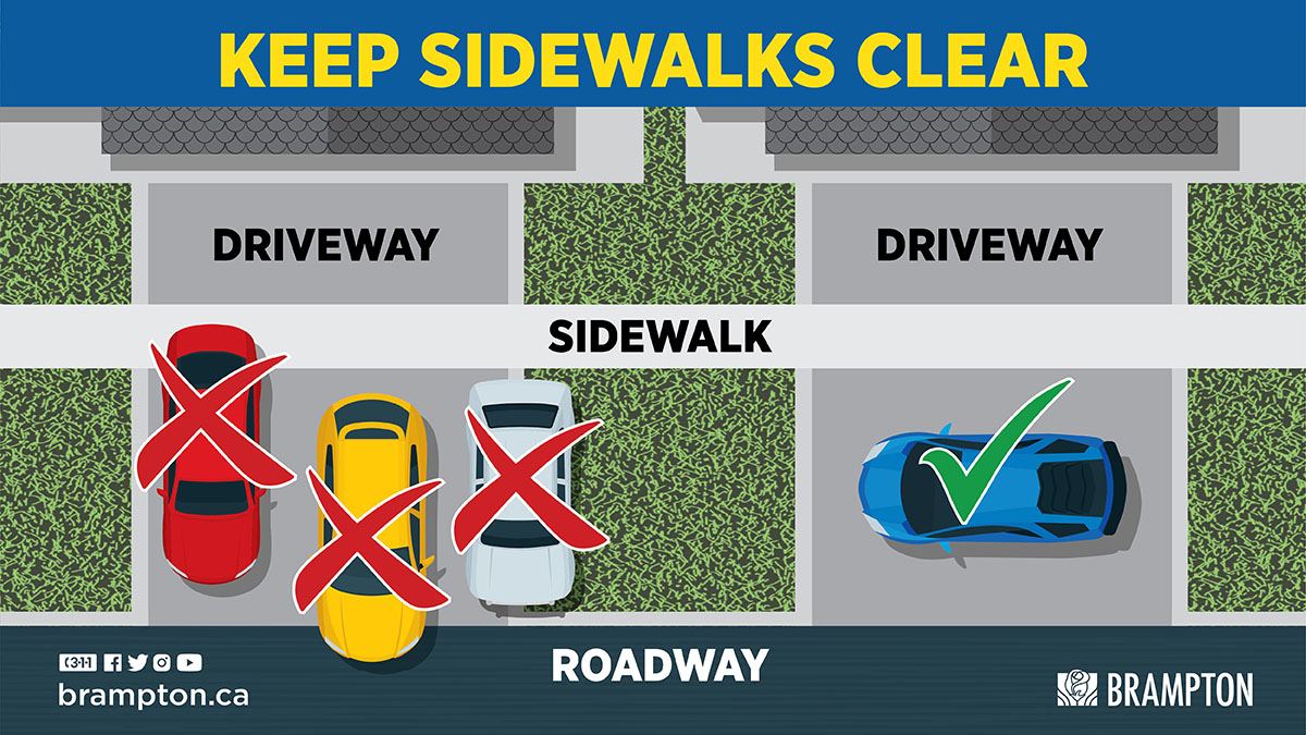 CityBrampton's tweet photo. #BeAGoodNeighbour by parking in a way that does not obstruct sidewalks or traffic. Keep #Brampton sidewalks and roadways safe for everyone. https://t.co/xPaup4Svxh
