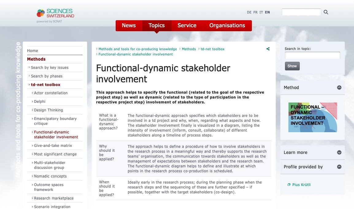 tdnetCH's tweet image. Methods matter! Get ideas and support for #transdisciplinarity. The method profile Functional-dynamic stakeholder involvement is now available #tdnetToolbox! A structured procedure to think about how to involve relevant stakeholders in #tdprojects. bit.ly/3flpwLj