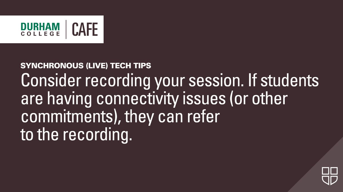 TheDCCTL's tweet photo. #CAFETeachingTips: #Synchronous (Live) #TechTips: Consider recording your session. If students are having connectivity issues 
(or other commitments), they can refer to the recording. #remoteDelivery https://t.co/TGsQAjh4Yj