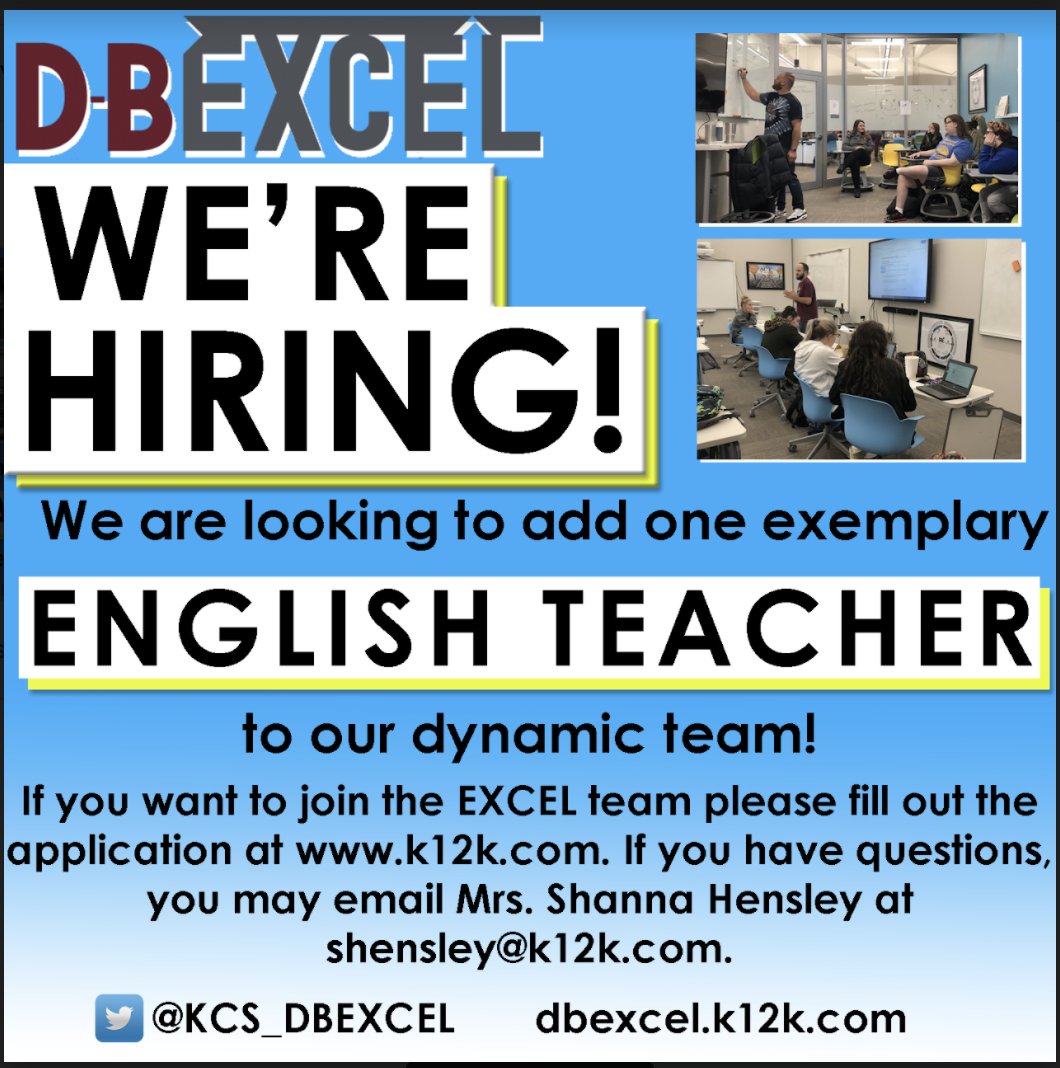 We are looking to hire an Innovative English Teacher.  If you are interested in this position, visit k12k.com and check out the job postings.