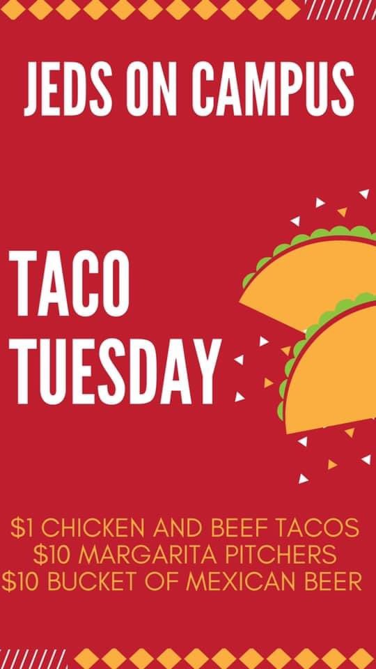 JedsOnCampus's tweet photo. It is TACO TUESDAY!!! Jed’s on Campus new Tuesday special is here

$1 Chicken or Beef tacos
$10 Margarita Pitchers
$10 Bucket of Mexican Beer https://t.co/StA7zBd0L5