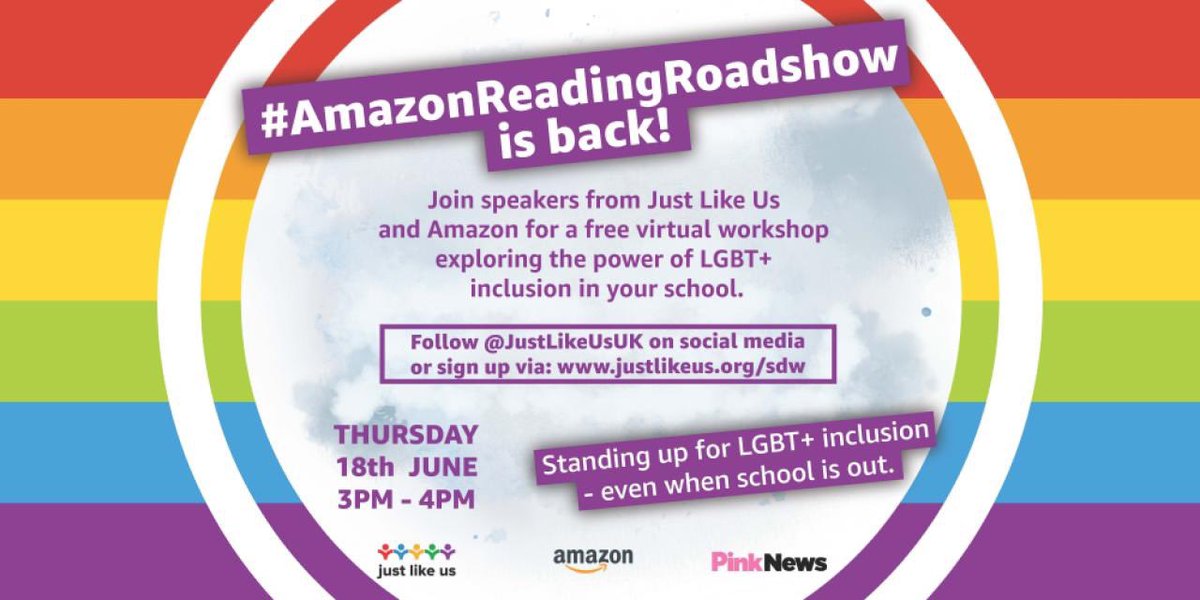 Johnson82GJ's tweet photo. #AmazonReadingRoadshow is standing up for LGBT+ inclusion, even when school is out. The free Virtual Workshop takes place this Thursday June 18 at 3pm and shines a light on diversity in schools. For info, follow Just Like Us on social or sign up via https://t.co/ILJDWOPWG0 https://t.co/8bUitljjfV