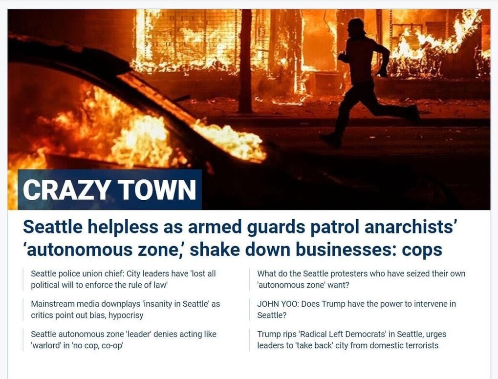 6. Fox illustrated coverage of Seattle protests and the CHAZ with doctored, inaccurate images, then lied about it, then apologized. (Photo below is from MInneapolis)