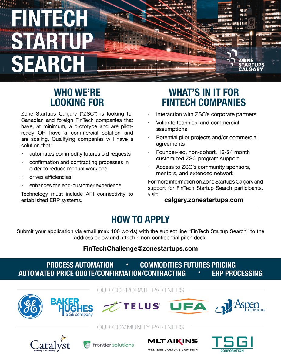 zonecalgary's tweet photo. Our #fintech search is live! We're looking for Canadian and foreign companies that have a pilot-ready/commercial solution for automated commodity futures bid processing that includes API connectivity to ERP systems. Read the brief below for contact and more info. #fintechstartup https://t.co/tFoCtBEqac