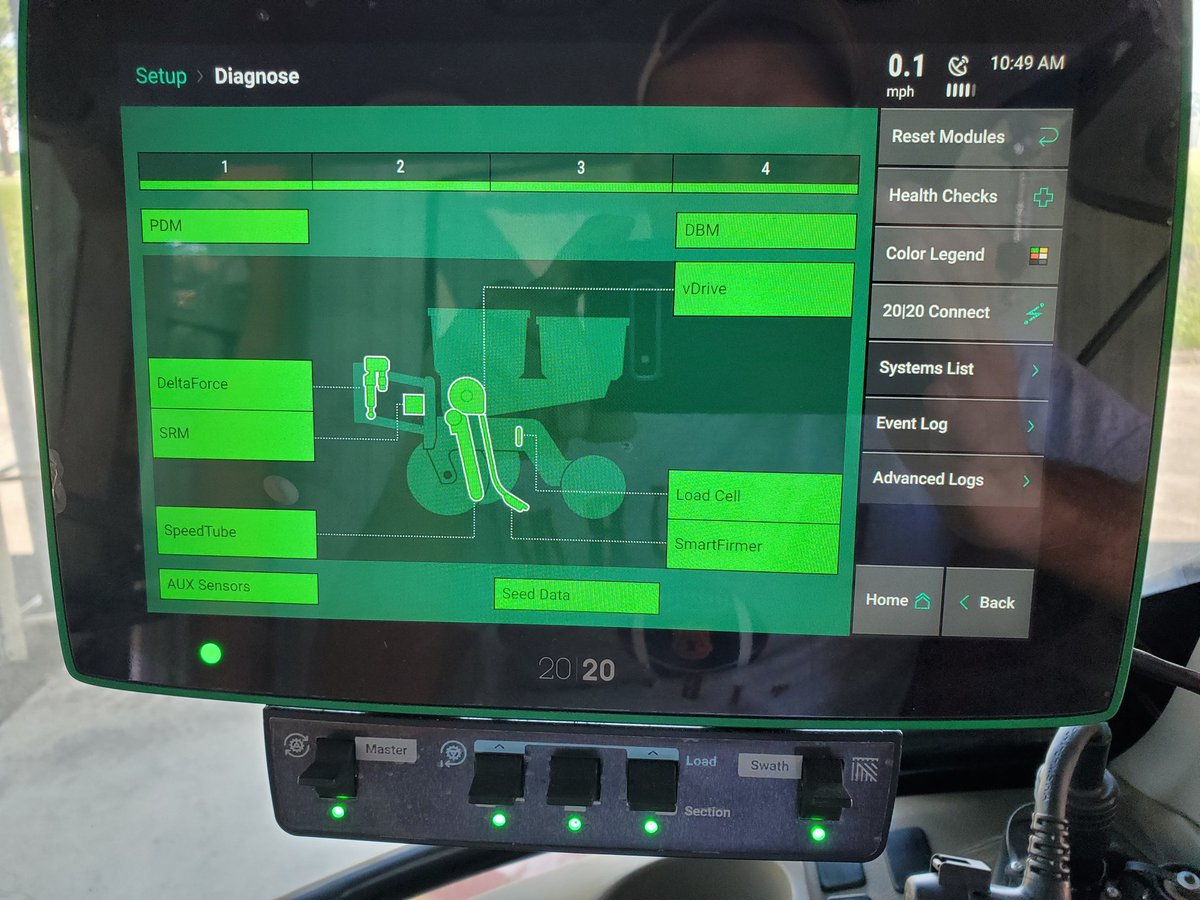 PrecAgEngineer's tweet photo. @precisionplant's #2020Gen3 diagnostics tab presents a neat layout of the current #agtech on #precisionplanter row-unit. All green means ready for #plant20. #deltaforce #vdrive #speedtube #smartfirmer https://t.co/HoLlHGCIx4