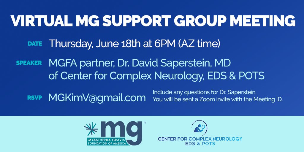 MyastheniaOrg's tweet photo. Friendly reminder: Don't forget to RSVP for the virtual MG support group on June 18. To register, please email MGKimV@gmail.com (and include any questions that you may want addressed during the virtual meeting). You will then be sent a Zoom invite with the Meeting ID. https://t.co/WGqDMK7IXf