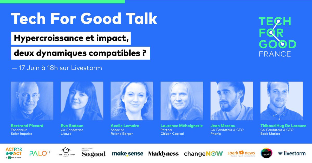 🚨 C’est LA conférence à ne pas manquer cette semaine : le <a href="/Tech_for_goodfr/">TECH FOR GOOD France</a> Talk « Hypercroissance et impact »
Avec les points de vue et expériences de <a href="/bertrandpiccard/">Bertrand PICCARD</a>, <a href="/axellelemaire/">Axelle Lemaire</a>, <a href="/lmehaignerie/">Laurence Méhaignerie</a>, <a href="/thibaudelarauze/">tdelarauze</a> 
Et le soutien de <a href="/PALOITFrance/">PALO IT France</a> &amp; @act_for_impact !
Demain 18h