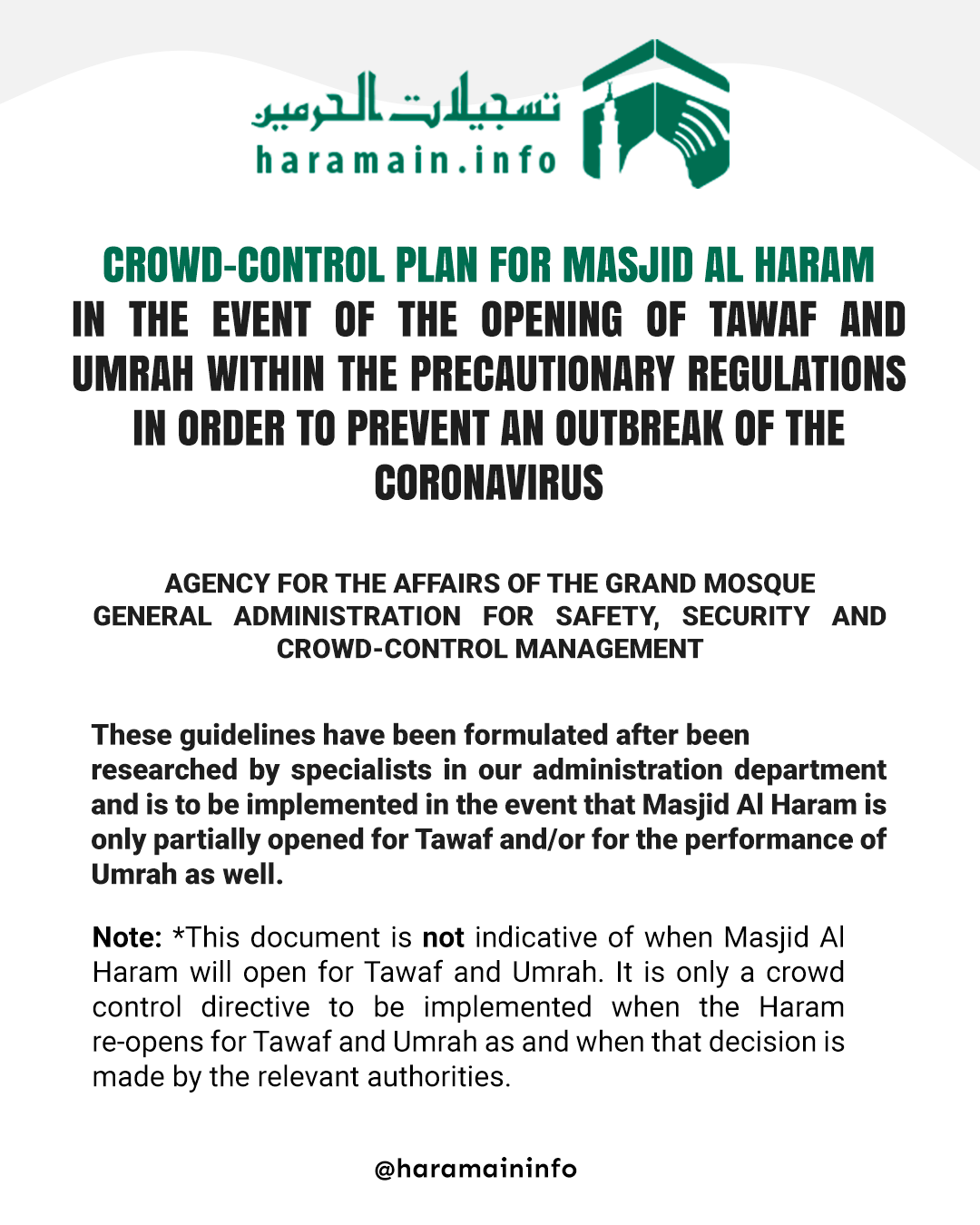Crowd Control plan for Masjid Al Haram in the event of the opening of Tawaf and Umrah within the precautionary regulations in order to prevent an outbreak of the coronavirus.