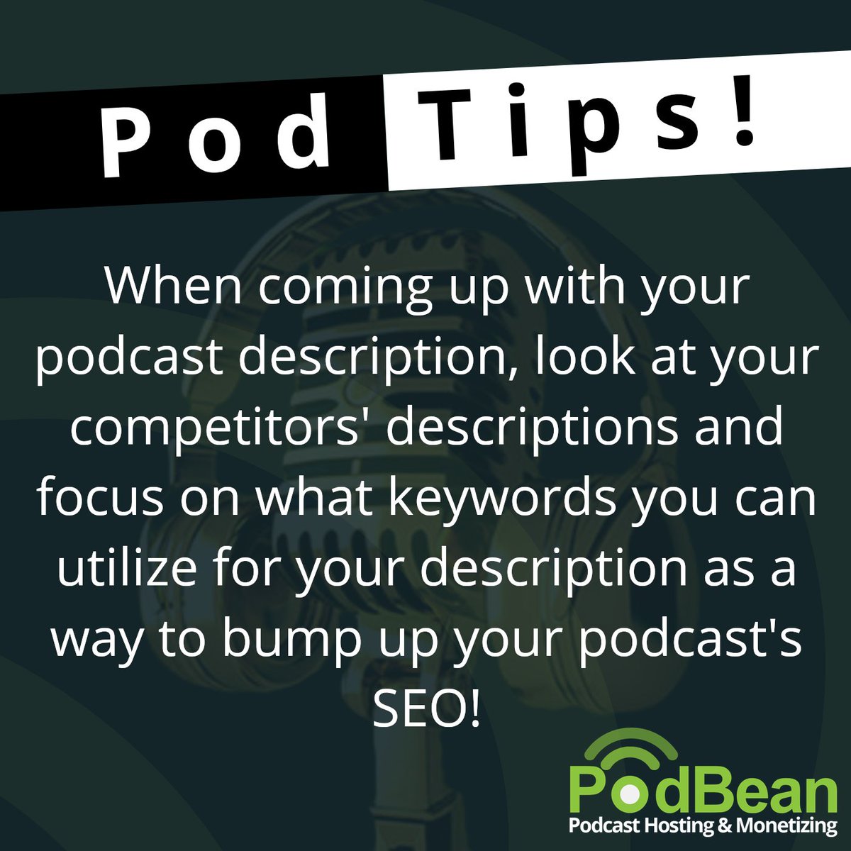 podbean's tweet photo. Here's a Pod Tip: when coming up with your podcast description, look at your competitors' descriptions and focus on what keywords you can utilize for your description as a way to bump up your podcast's SEO!
#podcast #podcaster #podcasting #podtip #TipTuesday #podcasttips https://t.co/iKJ4la0wfQ