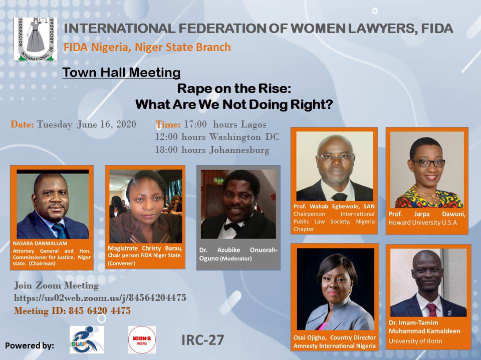 African Women in Law, in conjunction with FIDA Nigeria is organizing a webinar today to discuss the rape pandemic. Join us.
@livingtruely @pidilidi @AfricanWomenLaw @awln_YoungWomen @EWLA1 @ABAesq @DohaDeclaration @MargsAkullo @unwomenafrica @phumzileunwomen @ro_solis