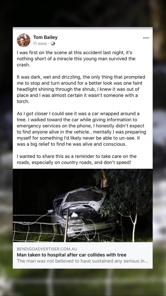 I was first on the scene at this accident last night, it’s nothing short of a miracle this young man survived the crash. 

I wanted to share this as a reminder to take care on the roads, especially on country roads, and don’t speed!