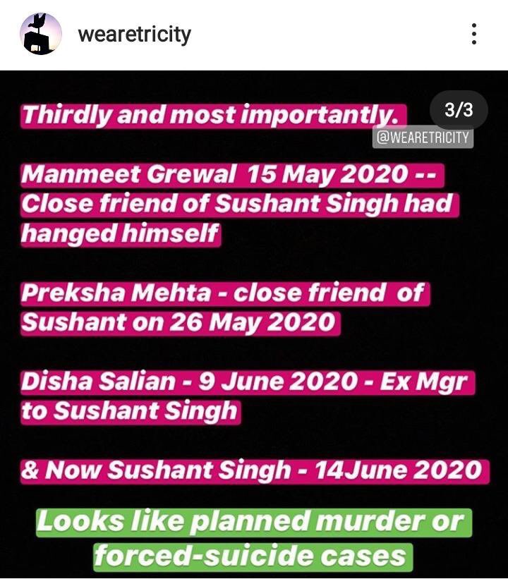 Bukan cuma itu banyak yg nyeyakinin kl kematian sushant bukan bunuh diri tapi kaya memang udah terencana, karena orang2 terdekat sushant juga meninggal bunuh diri.