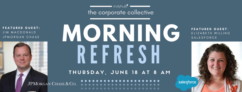 IndyHub's tweet image. We're talking with Jim Macdonald from @jpmorgan and Elizabeth Willing from @salesforce on Thursday's Morning Refresh | Striking the Right Tone: Communications and Brand Transformations. Grab your coffee and tune in for this Facebook Live conversation on resiliency.