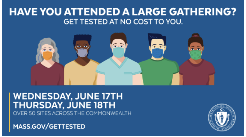 If you have been to a large gathering in the last two weeks you can get free testing- locally:  CVS site in Waltham &amp; Burlington, and sites in Cambridge &amp; Somerville.    
mass.gov/info-details/g…