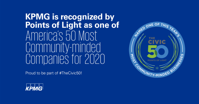 davidatorres's tweet photo. At @KPMG_US, we remain deeply committed to supporting the communities where we live and work. I am #KPMGProud to be part of the #TheCivic50 recognized by @PointsOfLight! https://t.co/ERPCst9LH8 https://t.co/u2UE6JATWz