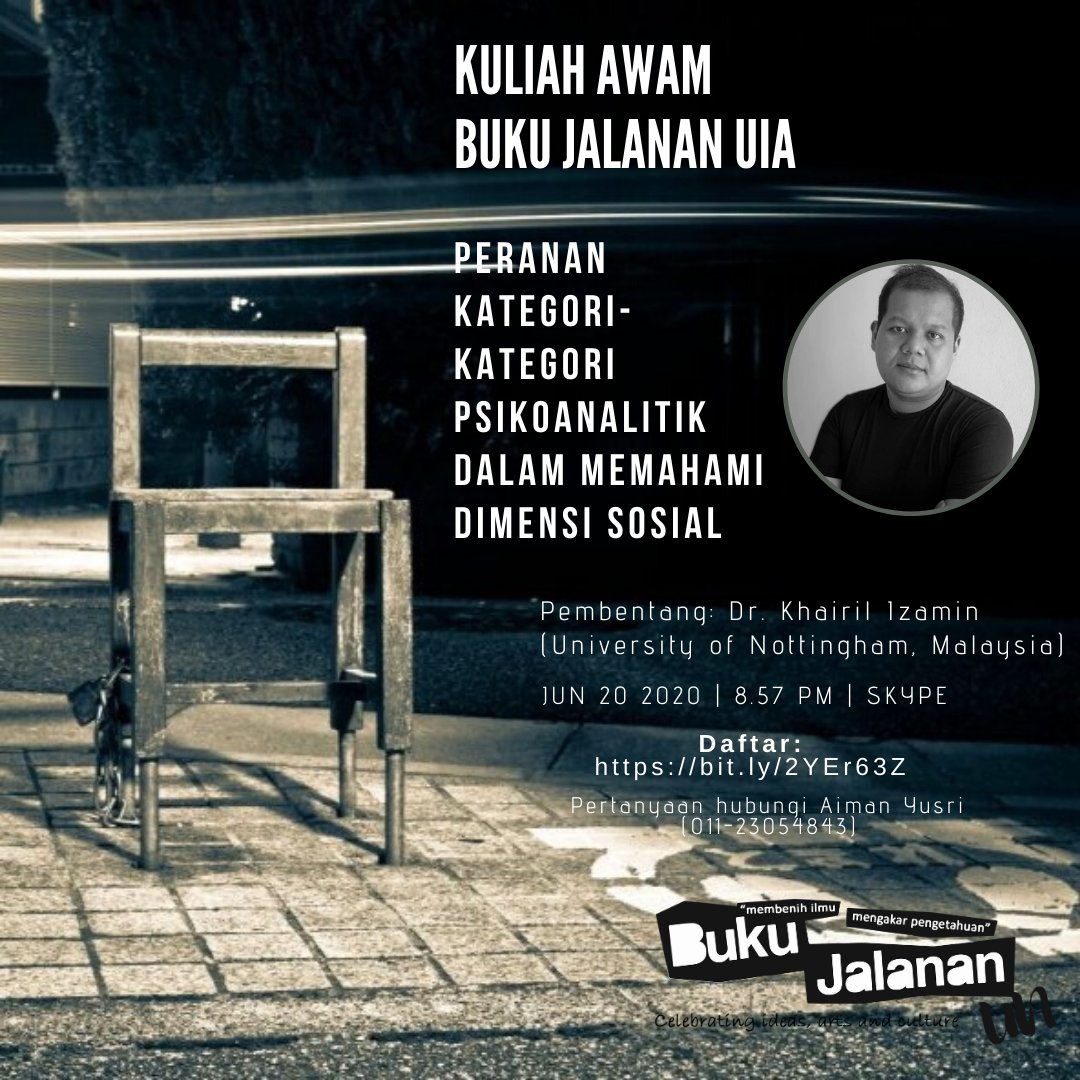 Hai semua.

Kami teruskan lagi siri kuliah awam bersama Dr. Khairil Izamin. 
 
Ayuh bersama sertai kuliah pada kali ini:

Tarikh: 20 Jun 2020 (Sabtu)
Masa: 8.57 PM
Medium: SKYPE

Daftar: bit.ly/2YEr63Z

Sebarang pertanyaaan hubungi: 011-23054843 (Aiman Yusri)