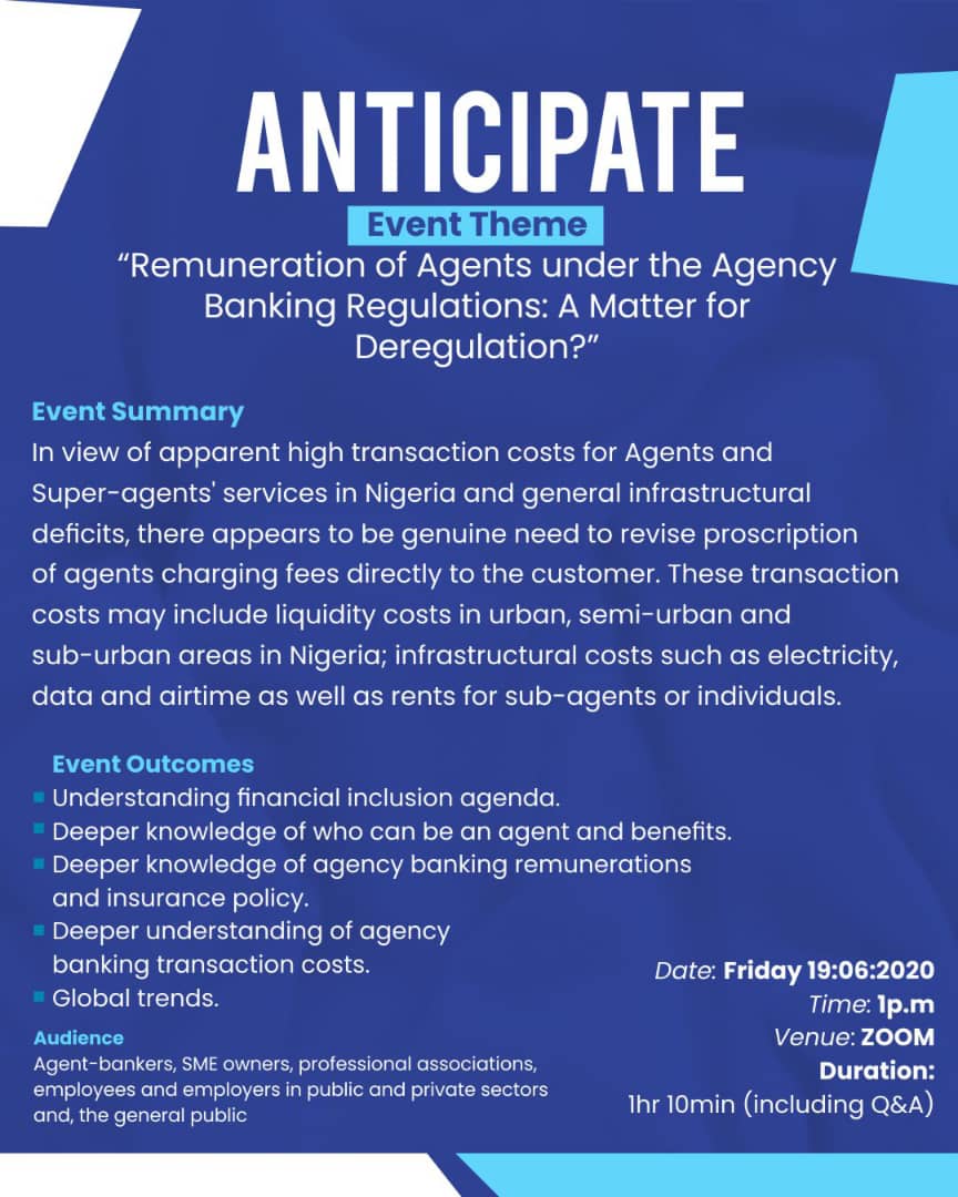 Learnit_project's tweet image. ANTICIPATE free WEBINAR with the theme “Remuneration of Agents under the Agency Banking Regulations: A Matter for Deregulation?”