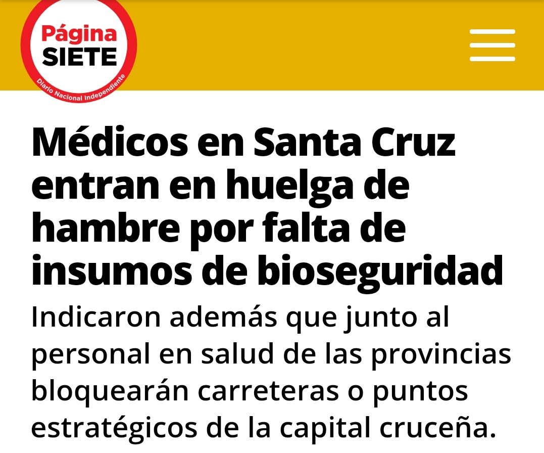 evoespueblo's tweet photo. A tres meses de cuarentena en #Bolivia, ¿dónde están los equipos de bioseguridad y los respiradores? Es tan deficiente el manejo de la crisis de la pandemia que los médicos de Santa Cruz ingresan en huelga de hambre y los de La Paz protestan exigiendo insumos de bioseguridad. https://t.co/B6rep2h8F4