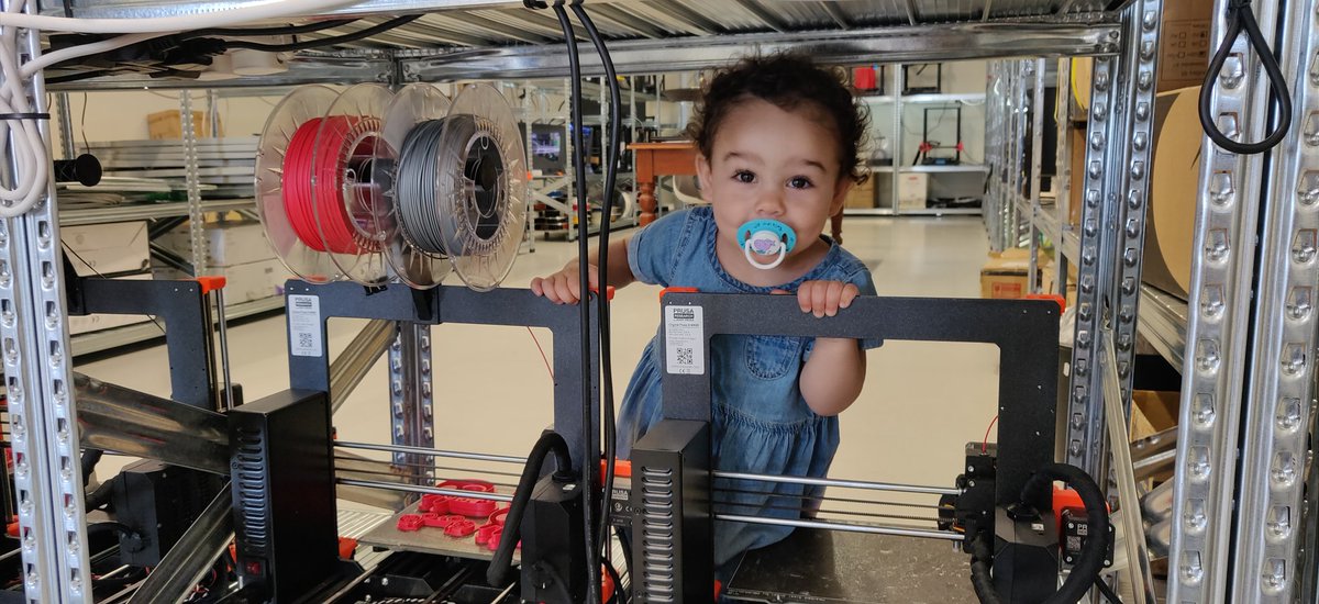 Pure excitement, the only way to describe Caroline's reaction at the new location! <a href="/josefprusa/">Josef Prusa</a> , are mk3s rated for toddler weight? 

#prusa #3dprinting #malta #startup 
<a href="/3dInvent/">Invent 3D</a>